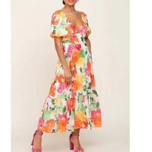 Flying Tomato Floral Puff-Sleeve Maxi Dress in White with Pink & Orange Blooms